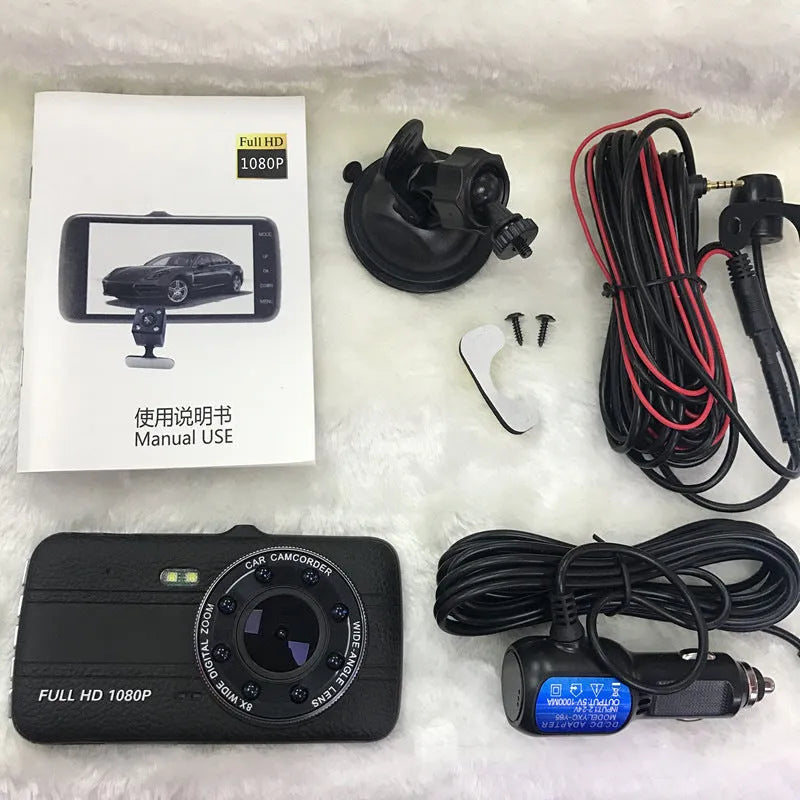 Black 4-inch HD night vision driving recorder with 170-degree lens and front windshield mount
