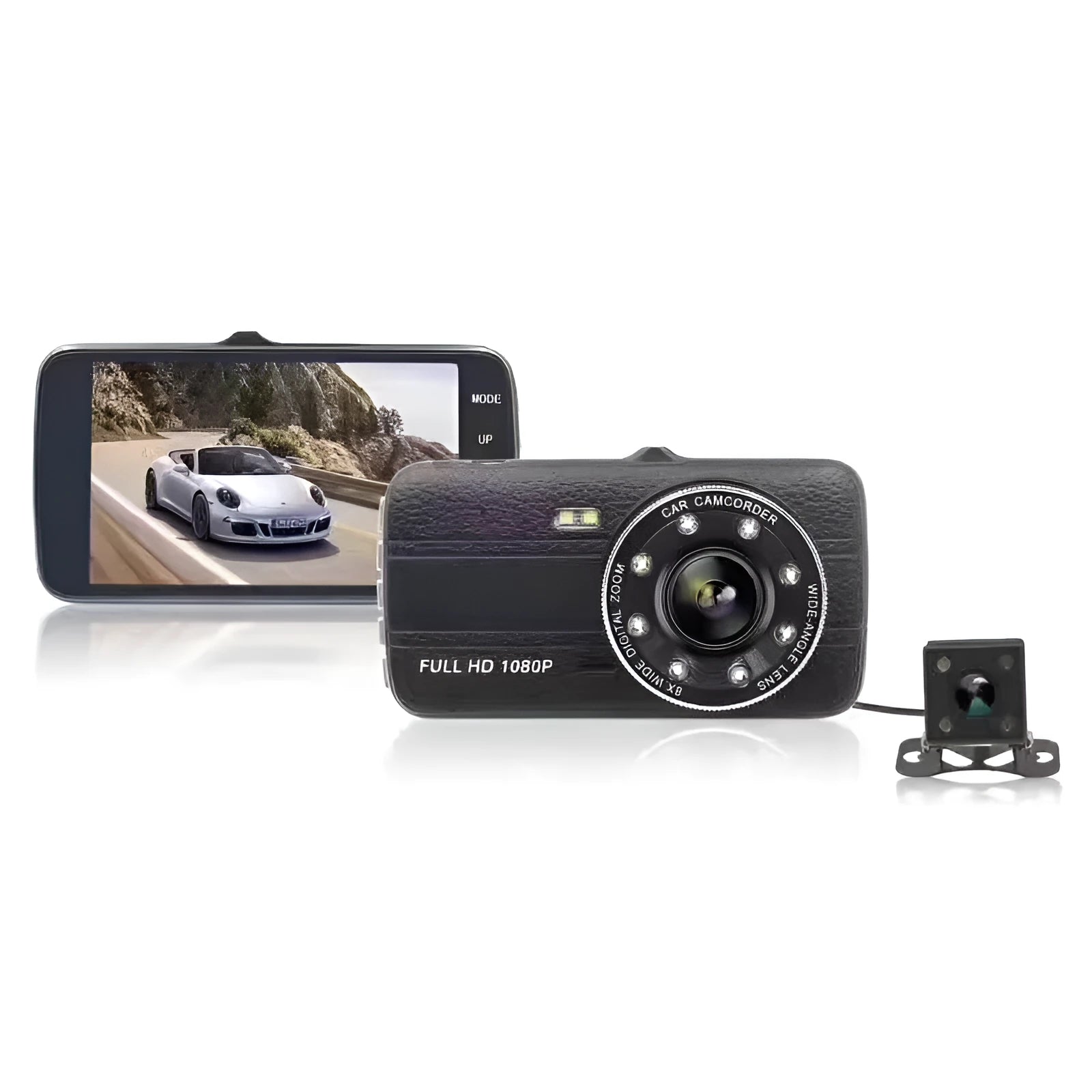 Black 4-inch HD night vision driving recorder with 170-degree lens and front windshield mount