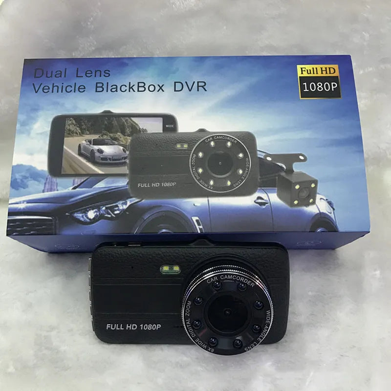 Black 4-inch HD night vision driving recorder with 170-degree lens and front windshield mount
