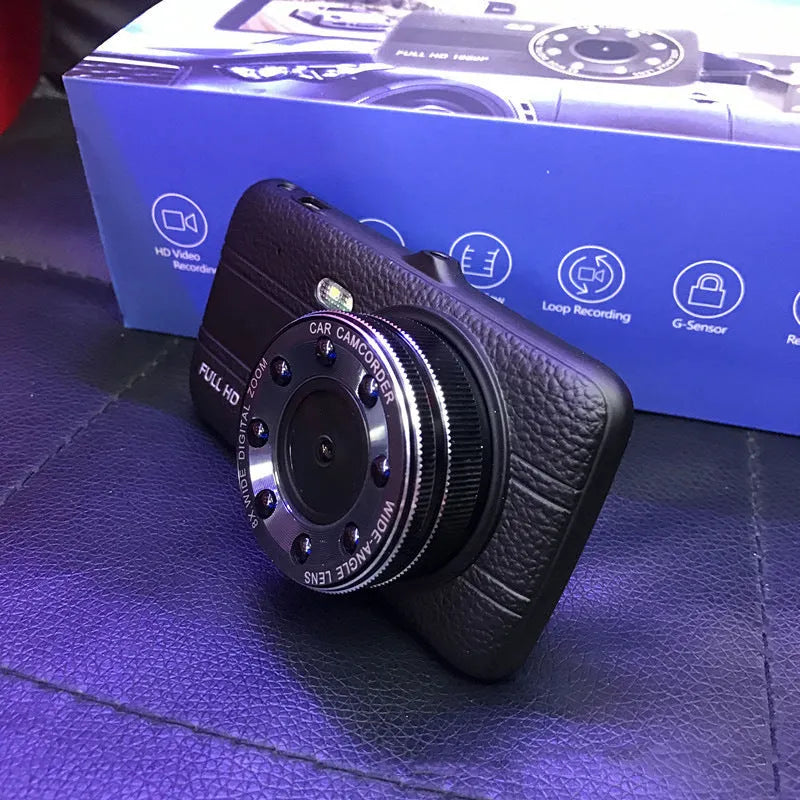 Black 4-inch HD night vision driving recorder with 170-degree lens and front windshield mount