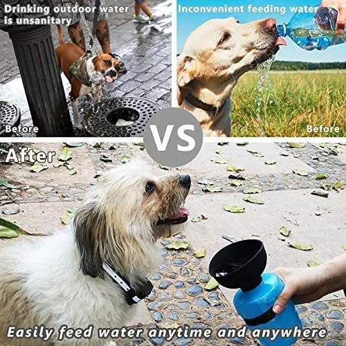 Foldable dog travel water bottle 520ml with fold cap bowl, blue, food-grade silicone and HDPE, leak-resistant pet dispenser