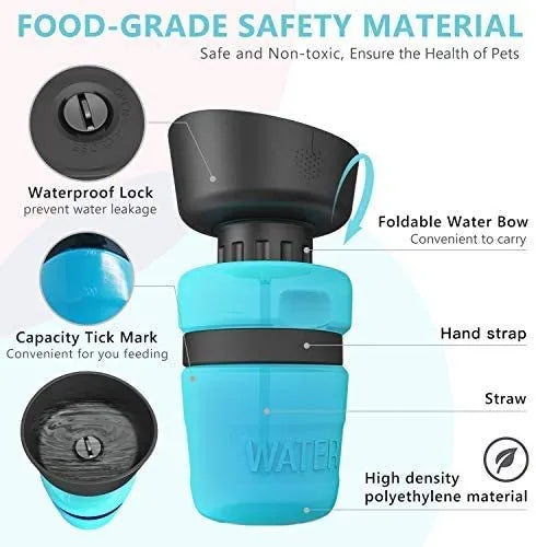Foldable dog travel water bottle 520ml with fold cap bowl, blue, food-grade silicone and HDPE, leak-resistant pet dispenser