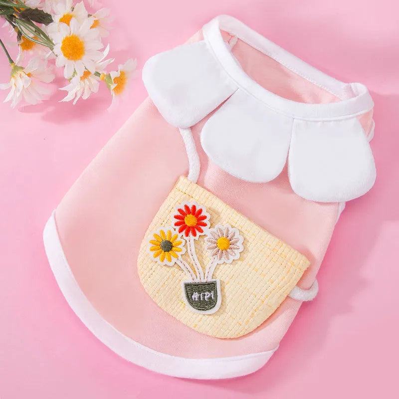 Small satchel cat pet vest in cotton with sunflower print, available in pink, blue, and yellow sizes XS to XXL