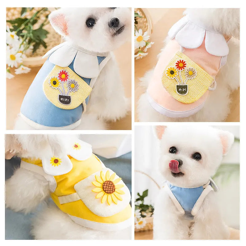 Small satchel cat pet vest in cotton with sunflower print, available in pink, blue, and yellow sizes XS to XXL
