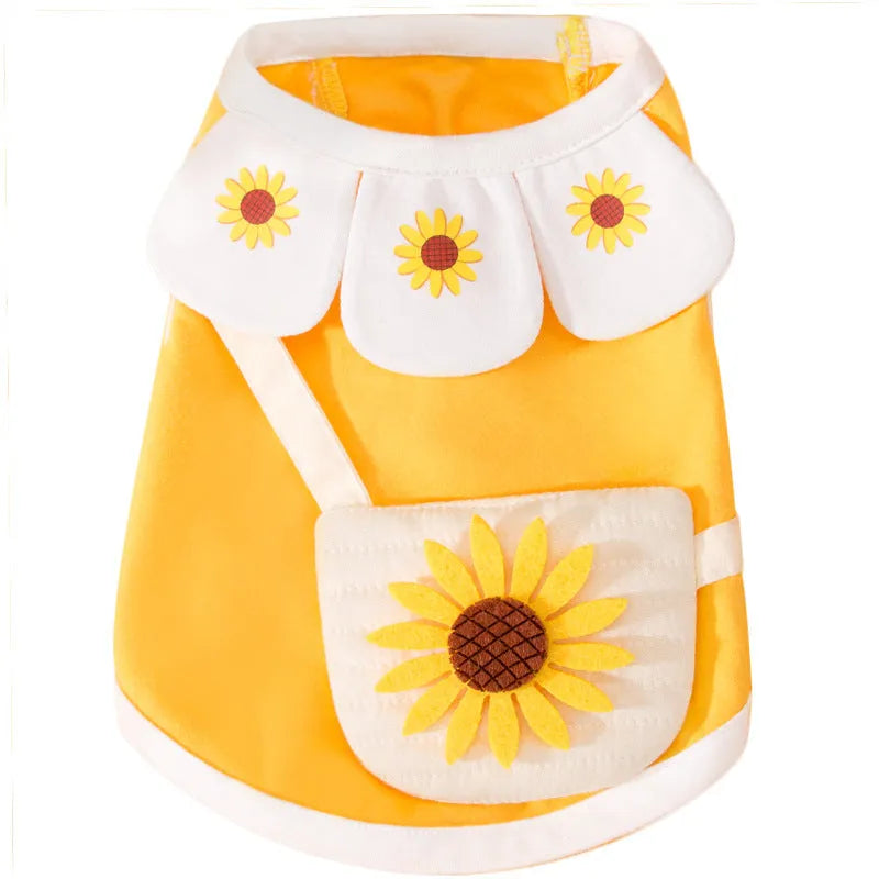 Small satchel cat pet vest in cotton with sunflower print, available in pink, blue, and yellow sizes XS to XXL