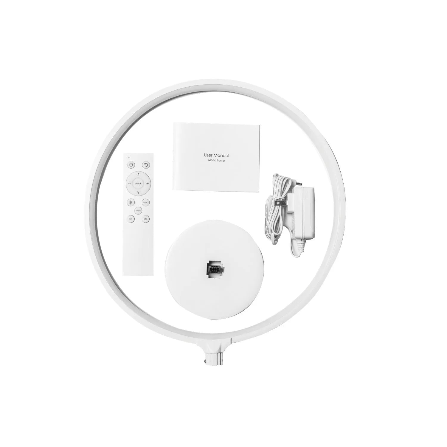 White aluminium and silicone full moon mood table lamp with remote control on wooden surface