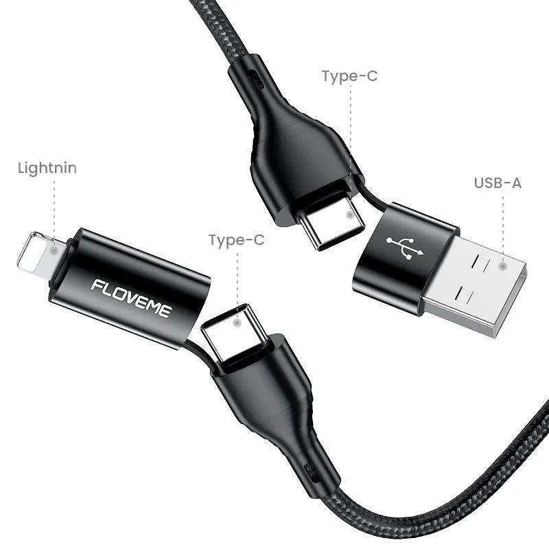 Black braided 4-in-1 data cable showing USB-A, USB-C and Lightning connectors