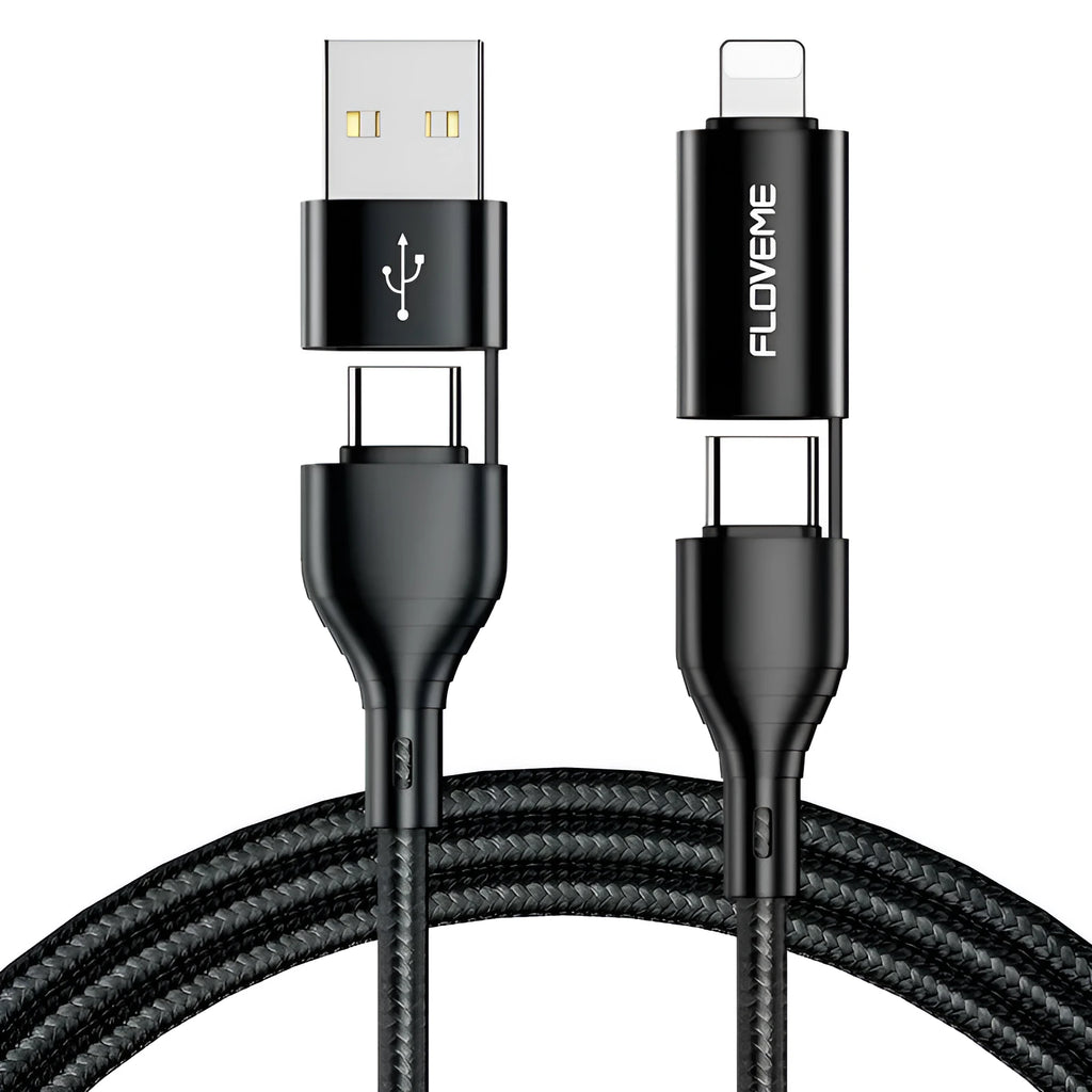 Black braided 4-in-1 data cable showing USB-A, USB-C and Lightning connectors