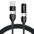 Black braided 4-in-1 data cable showing USB-A, USB-C and Lightning connectors