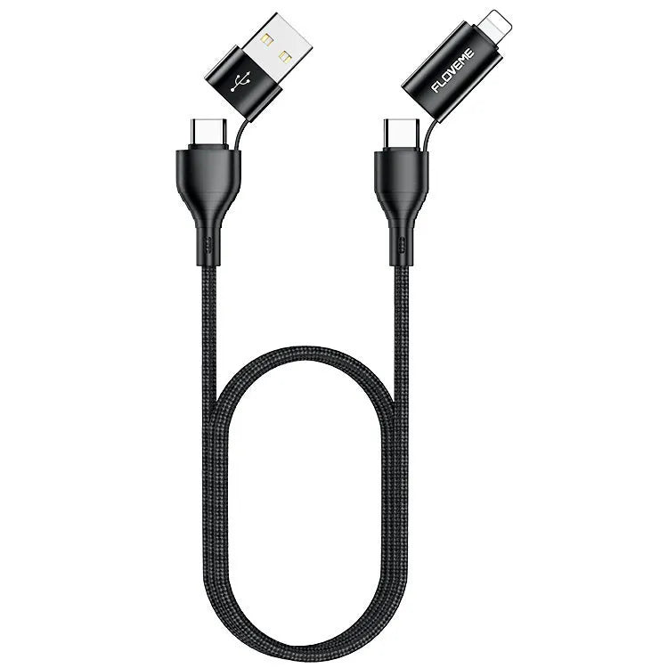 Black braided 4-in-1 data cable showing USB-A, USB-C and Lightning connectors