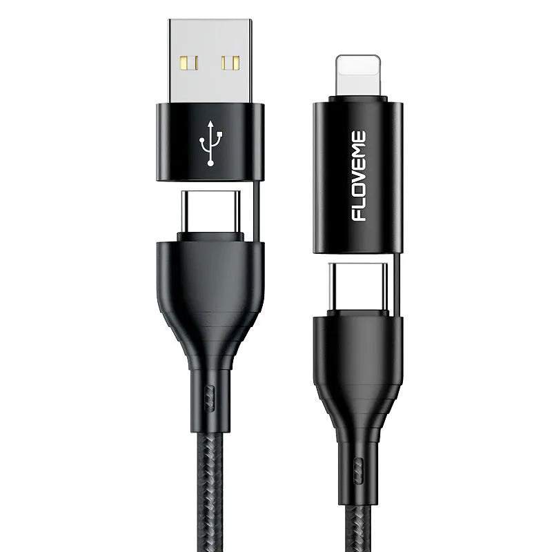 Black braided 4-in-1 data cable showing USB-A, USB-C and Lightning connectors