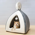 Grey cloth pet house for cats and small dogs showing enclosed design.
