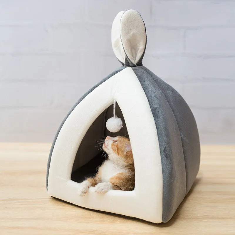 Grey cloth pet house for cats and small dogs showing enclosed design.