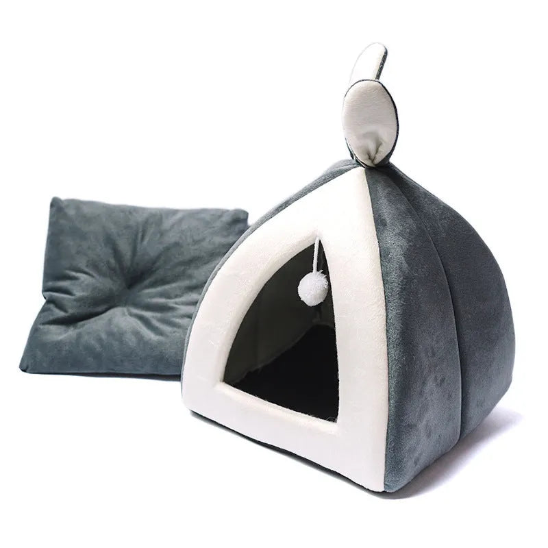 Grey cloth pet house for cats and small dogs showing enclosed design.