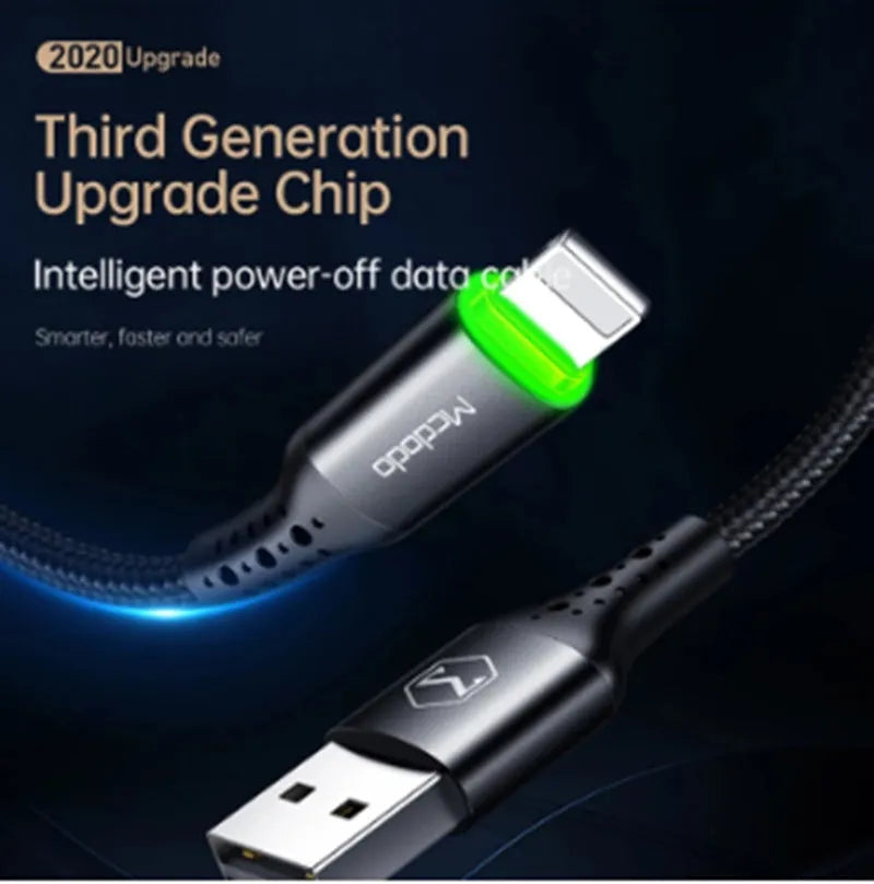 Black Apple-compatible iPhone charging cable with LED light, shown in 1.2m and 1.8m lengths.