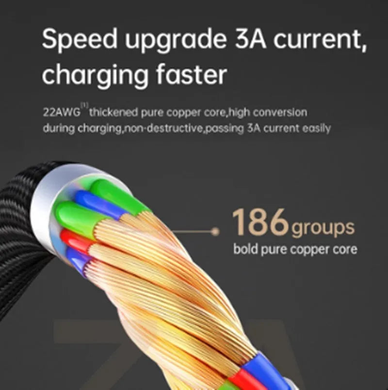 Black Apple-compatible iPhone charging cable with LED light, shown in 1.2m and 1.8m lengths.