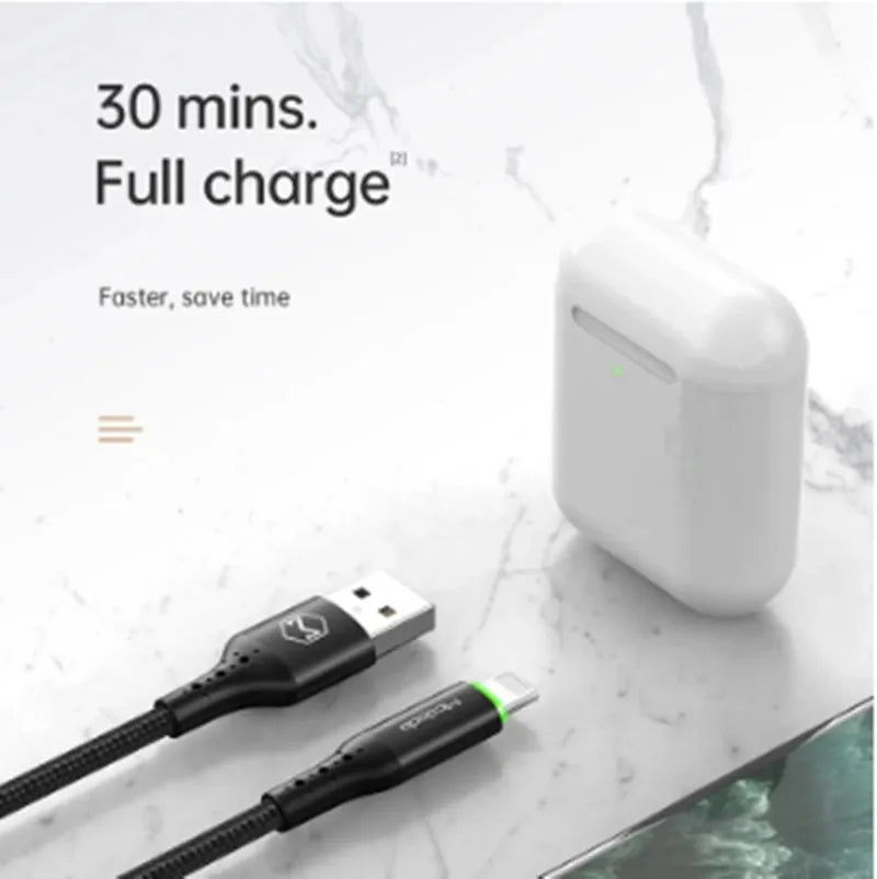 Black Apple-compatible iPhone charging cable with LED light, shown in 1.2m and 1.8m lengths.