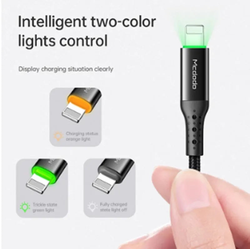 Black Apple-compatible iPhone charging cable with LED light, shown in 1.2m and 1.8m lengths.