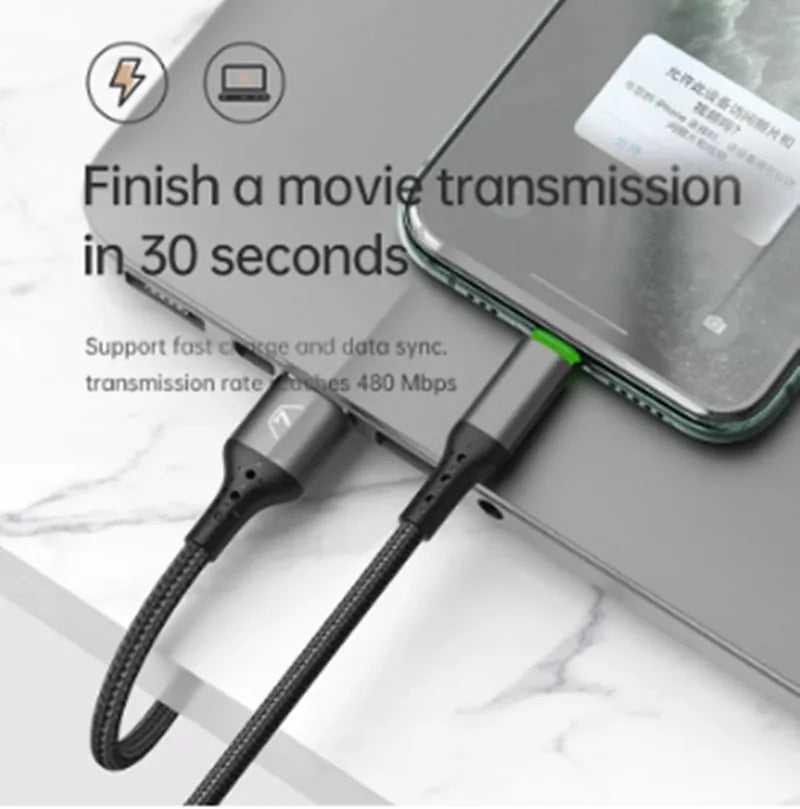 Black Apple-compatible iPhone charging cable with LED light, shown in 1.2m and 1.8m lengths.