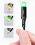 Black Apple-compatible iPhone charging cable with LED light, shown in 1.2m and 1.8m lengths.