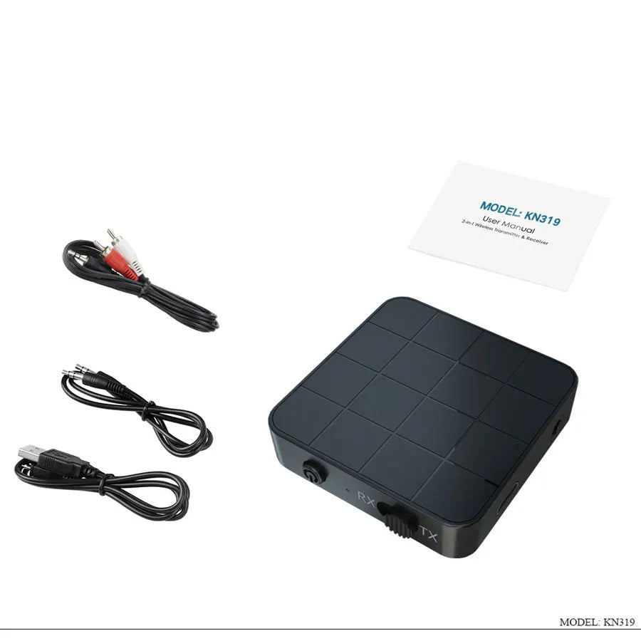 Black Bluetooth 5.0 audio transmitter receiver adapter kn321 with micro USB cable and 3.5mm audio cable
