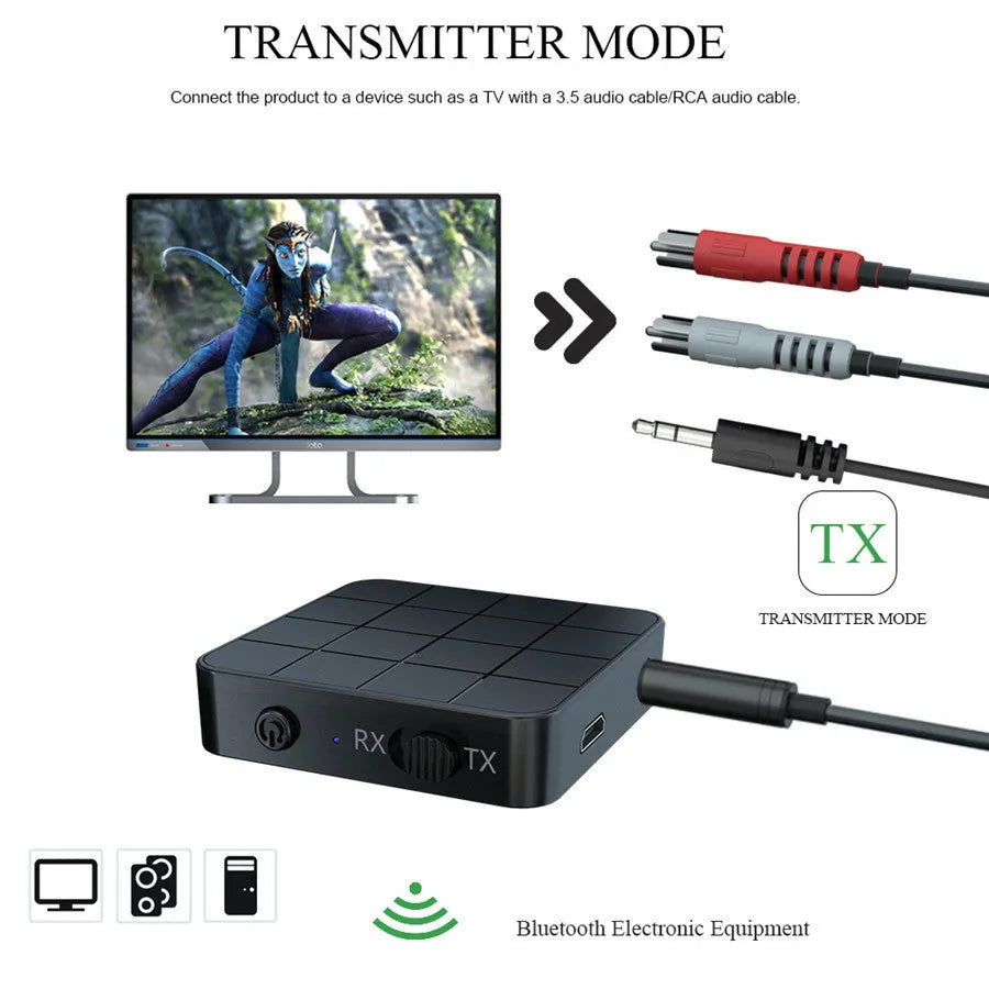 Black Bluetooth 5.0 audio transmitter receiver adapter kn321 with micro USB cable and 3.5mm audio cable