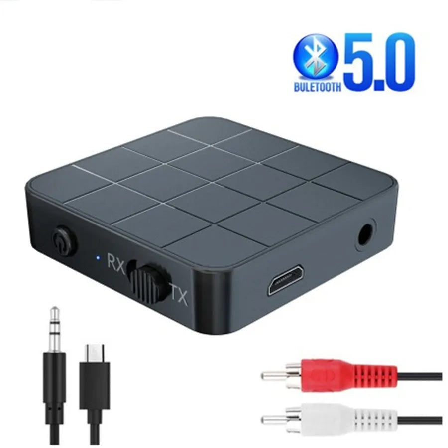 Black Bluetooth 5.0 audio transmitter receiver adapter kn321 with micro USB cable and 3.5mm audio cable