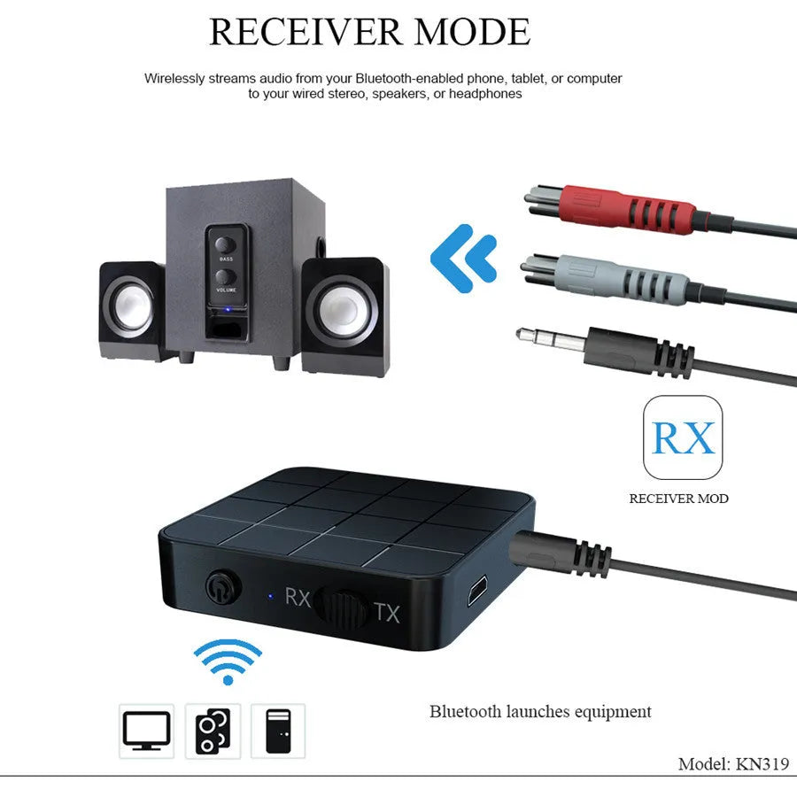 Black Bluetooth 5.0 audio transmitter receiver adapter kn321 with micro USB cable and 3.5mm audio cable