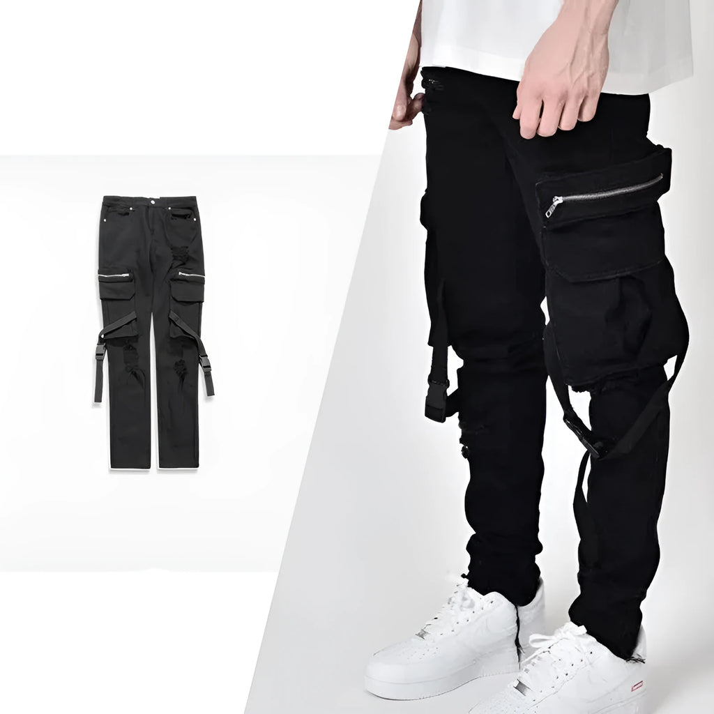 Black straight-leg denim trousers with mid waist, zip placket and pocket buckle streamer detail, sizes 30 to 36