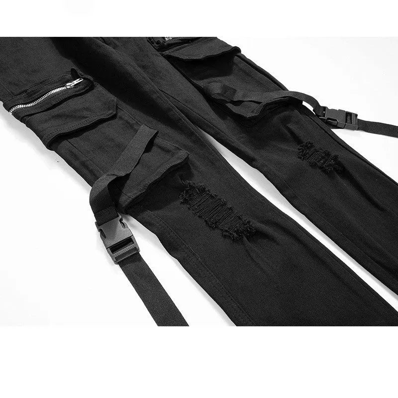 Black straight-leg denim trousers with mid waist, zip placket and pocket buckle streamer detail, sizes 30 to 36