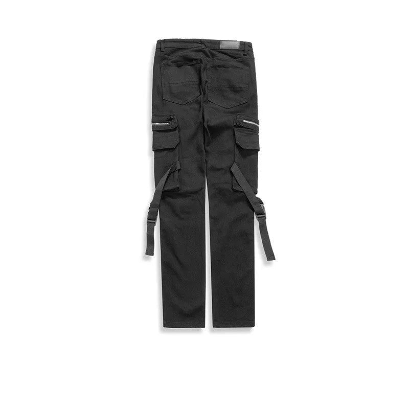 Black straight-leg denim trousers with mid waist, zip placket and pocket buckle streamer detail, sizes 30 to 36