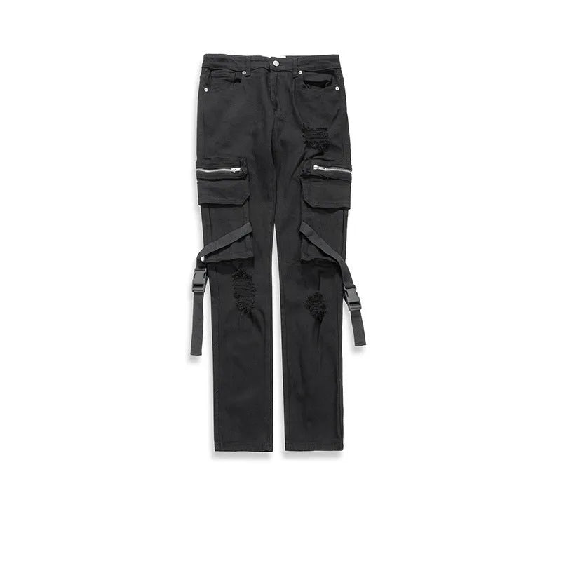 Black straight-leg denim trousers with mid waist, zip placket and pocket buckle streamer detail, sizes 30 to 36