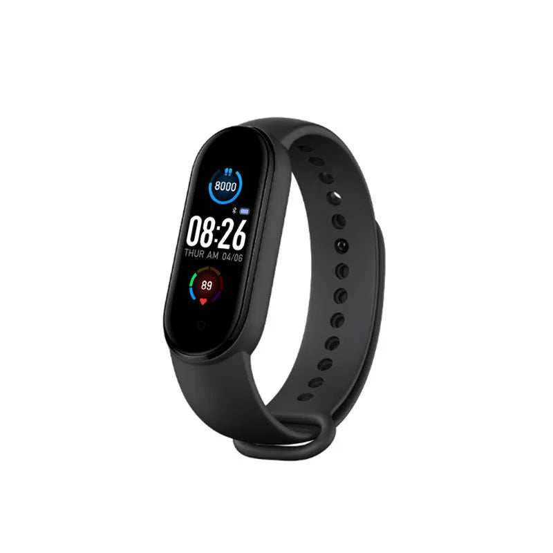 M5 smart fitness bracelet showing 0.96-inch screen with heart rate display in black, blue or red colours
