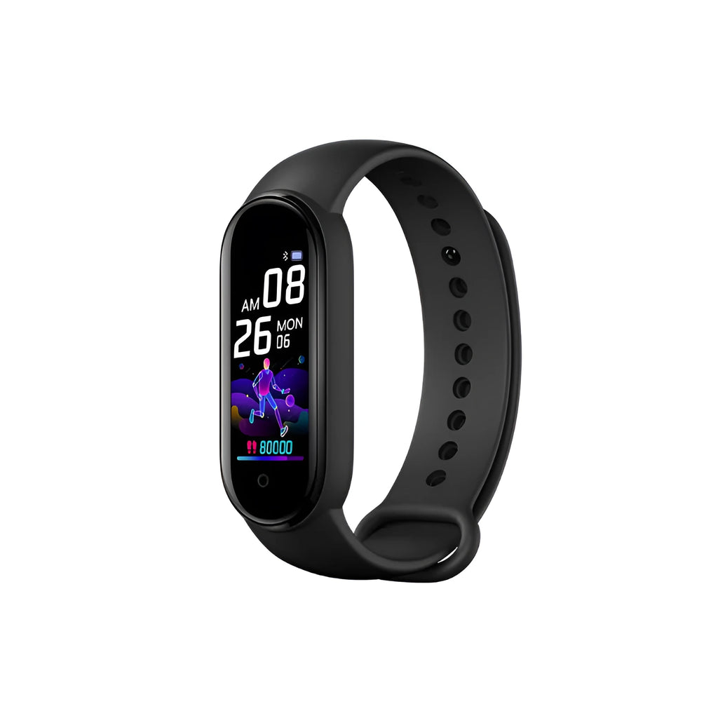 M5 smart fitness bracelet showing 0.96-inch screen with heart rate display in black, blue or red colours