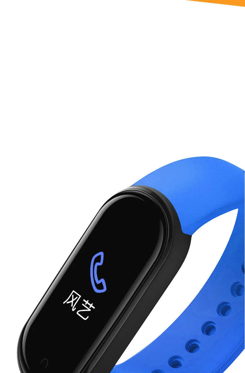 M5 smart fitness bracelet showing 0.96-inch screen with heart rate display in black, blue or red colours
