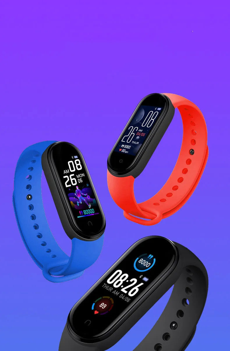 M5 smart fitness bracelet showing 0.96-inch screen with heart rate display in black, blue or red colours