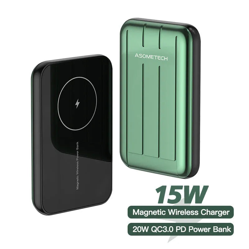 Blue magnetic wireless power bank with 5000mAh capacity for iPhone 12 charging