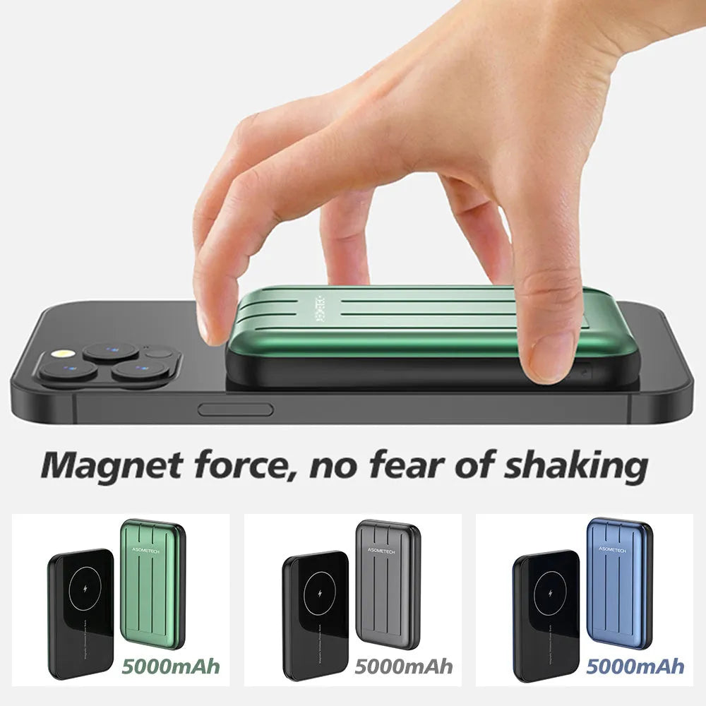 Blue magnetic wireless power bank with 5000mAh capacity for iPhone 12 charging