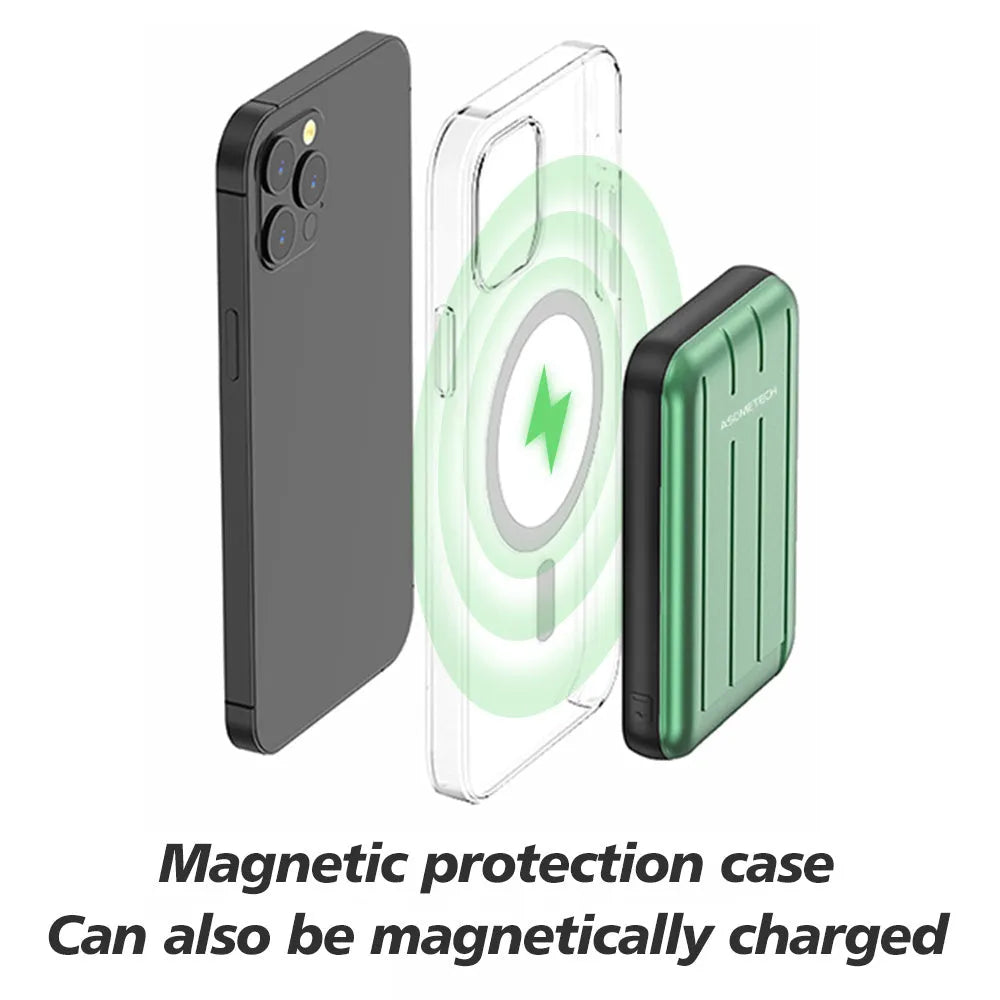 Blue magnetic wireless power bank with 5000mAh capacity for iPhone 12 charging