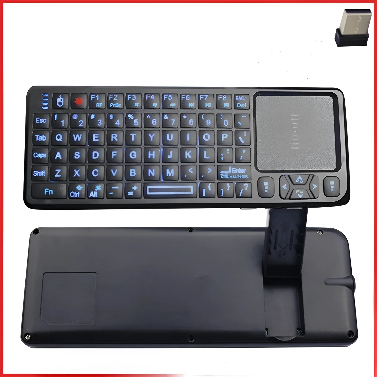Wireless laser teaching mini keyboard with touch screen and matching optical mouse on black background