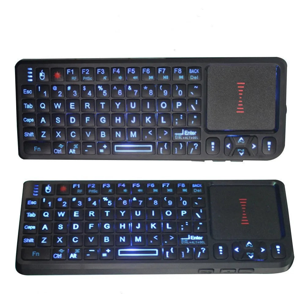 Wireless laser teaching mini keyboard with touch screen and matching optical mouse on black background