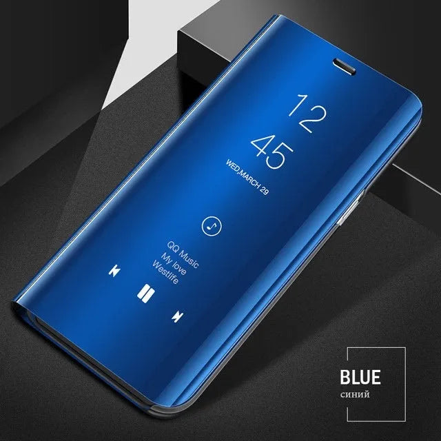 Black mirror flip case with kickstand open, showing it fitted on a Samsung Galaxy A51 phone.