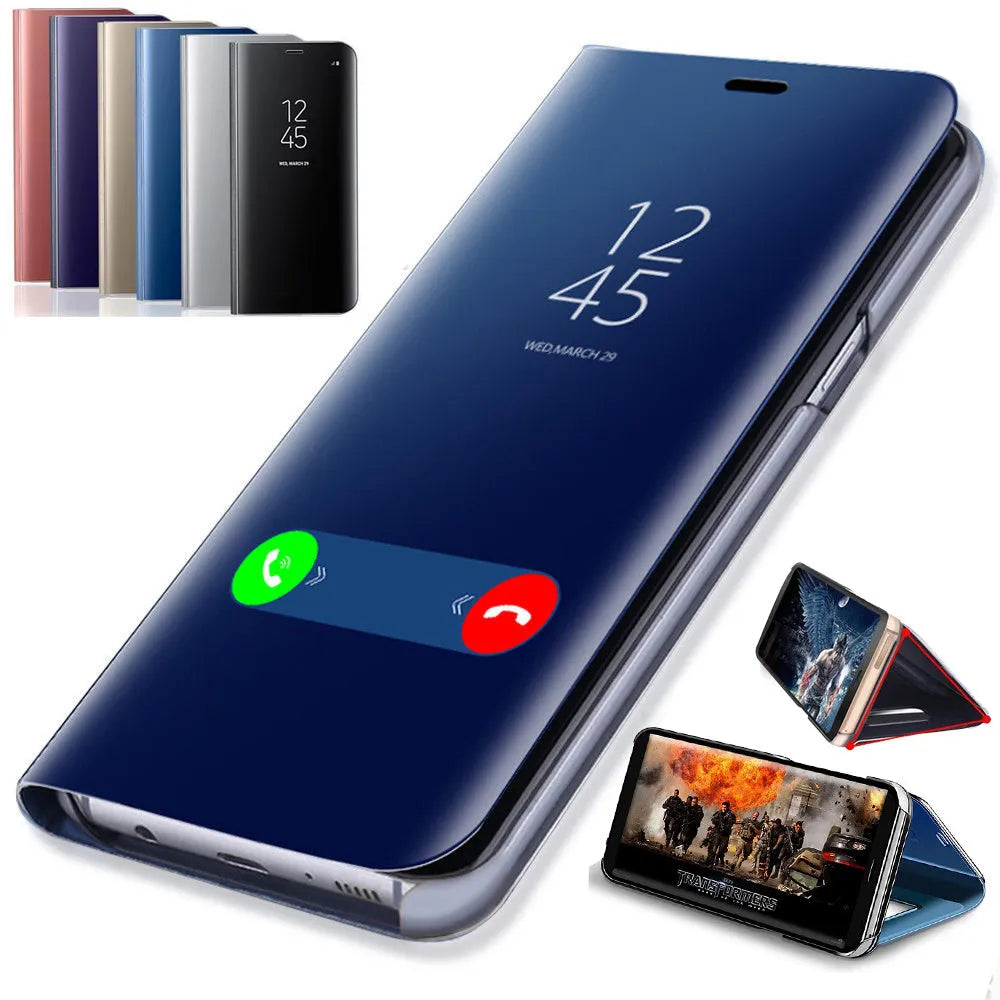 Black mirror flip case with kickstand open, showing it fitted on a Samsung Galaxy A51 phone.