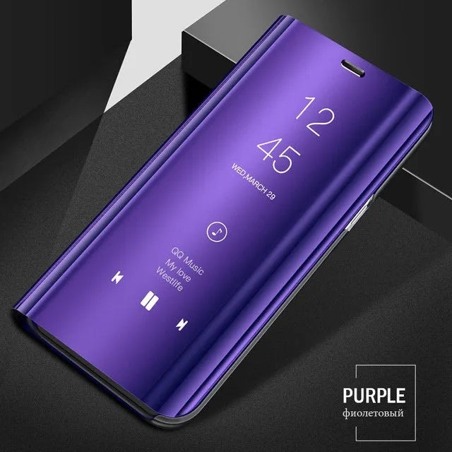 Black mirror flip case with kickstand open, showing it fitted on a Samsung Galaxy A51 phone.