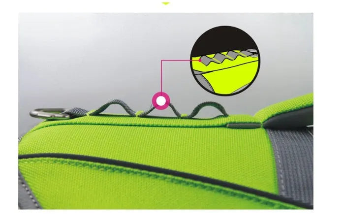 Dog life jacket in fluorescent green with EVA lining, size XS-2XL for swimming