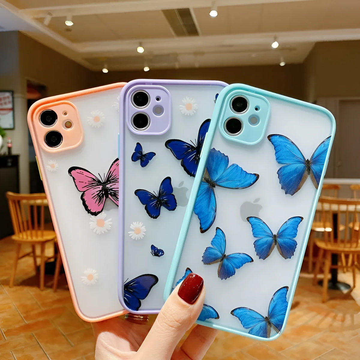 Butterfly phone case with acrylic back and soft edge for iPhone XS, iPhone 11, in pink, purple or light blue
