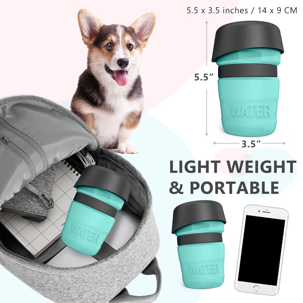 Foldable dog travel water bottle 520ml with fold cap bowl, blue, food-grade silicone and HDPE, leak-resistant pet dispenser