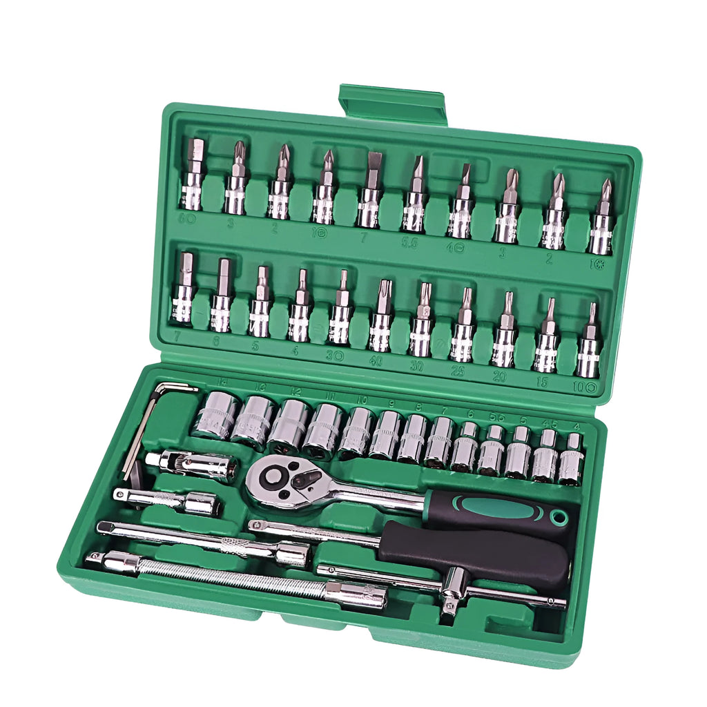Green plastic case open to show 46-piece alloy steel metric socket set, ratchet wrench, and L-shaped wrenches for auto repair.