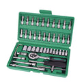 Green plastic case open to show 46-piece alloy steel metric socket set, ratchet wrench, and L-shaped wrenches for auto repair.