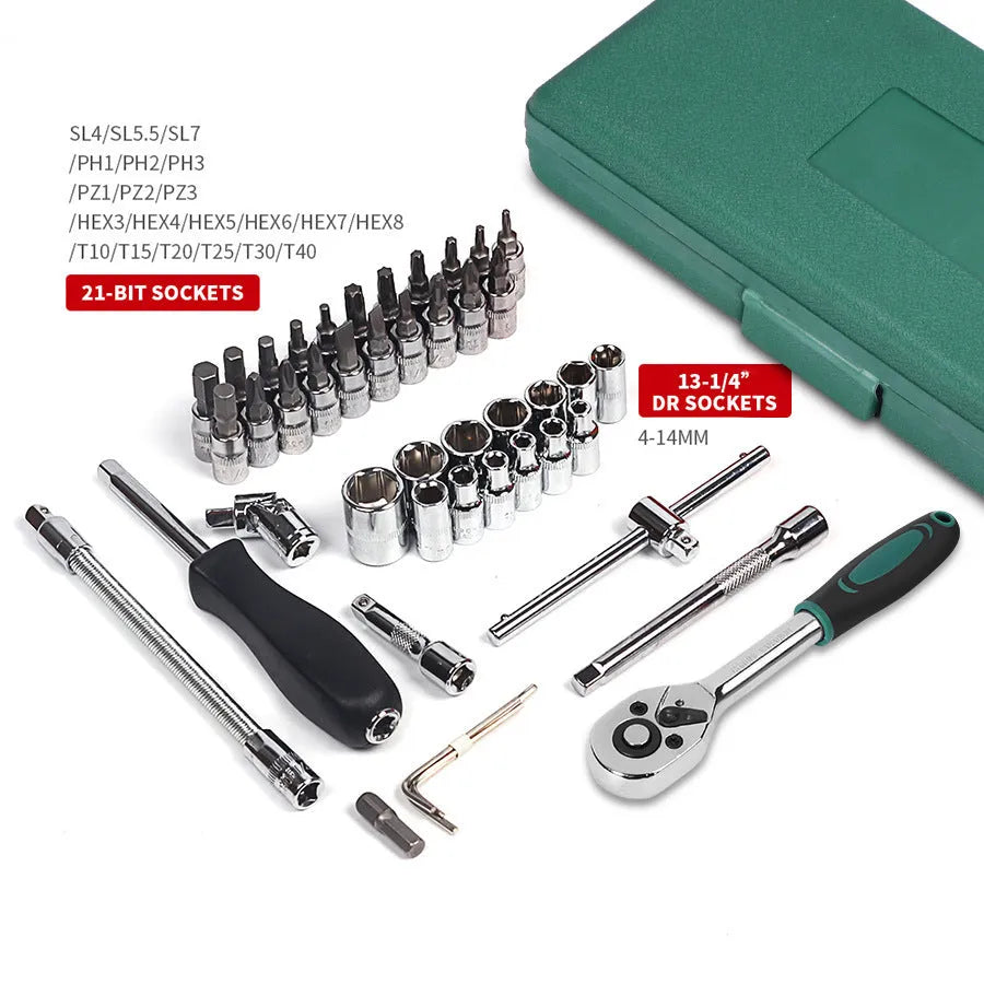 Green plastic case open to show 46-piece alloy steel metric socket set, ratchet wrench, and L-shaped wrenches for auto repair.